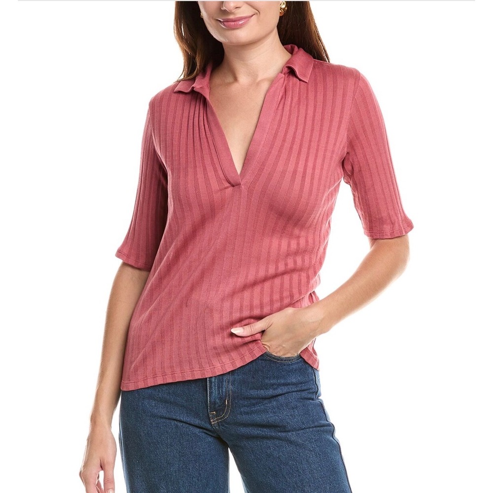 Vince Ribbed Knit Polo Top V-Neck Elbow Sleeve Pomegranate Pink Small NWT$198